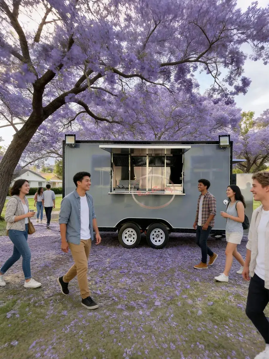 outdoor food trailer silver gray dual wheel structure with side serving window catering truck mobile kitchen trailer outdoor food trailer silver gray dual wheel structure with side serving window catering truck mobile kitchen trailer