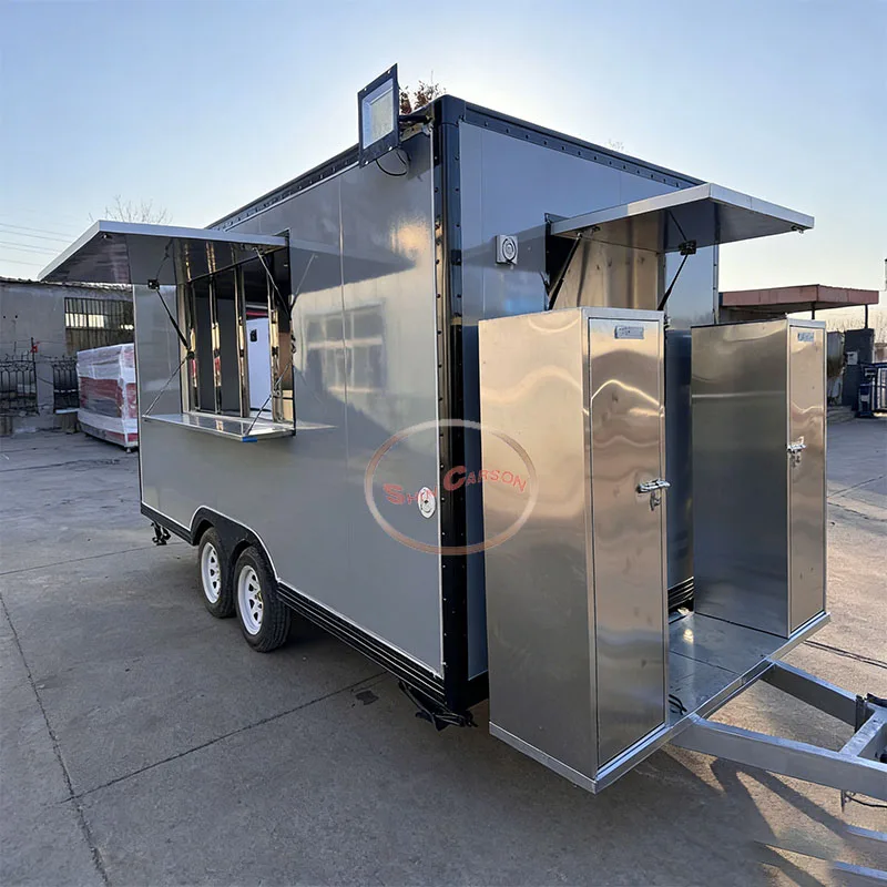 outdoor food trailer silver gray dual wheel structure with side serving window catering truck mobile kitchen trailer outdoor food trailer silver gray dual wheel structure with side serving window catering truck mobile kitchen trailer
